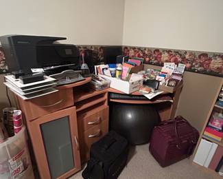 Corner desk and office supplies 