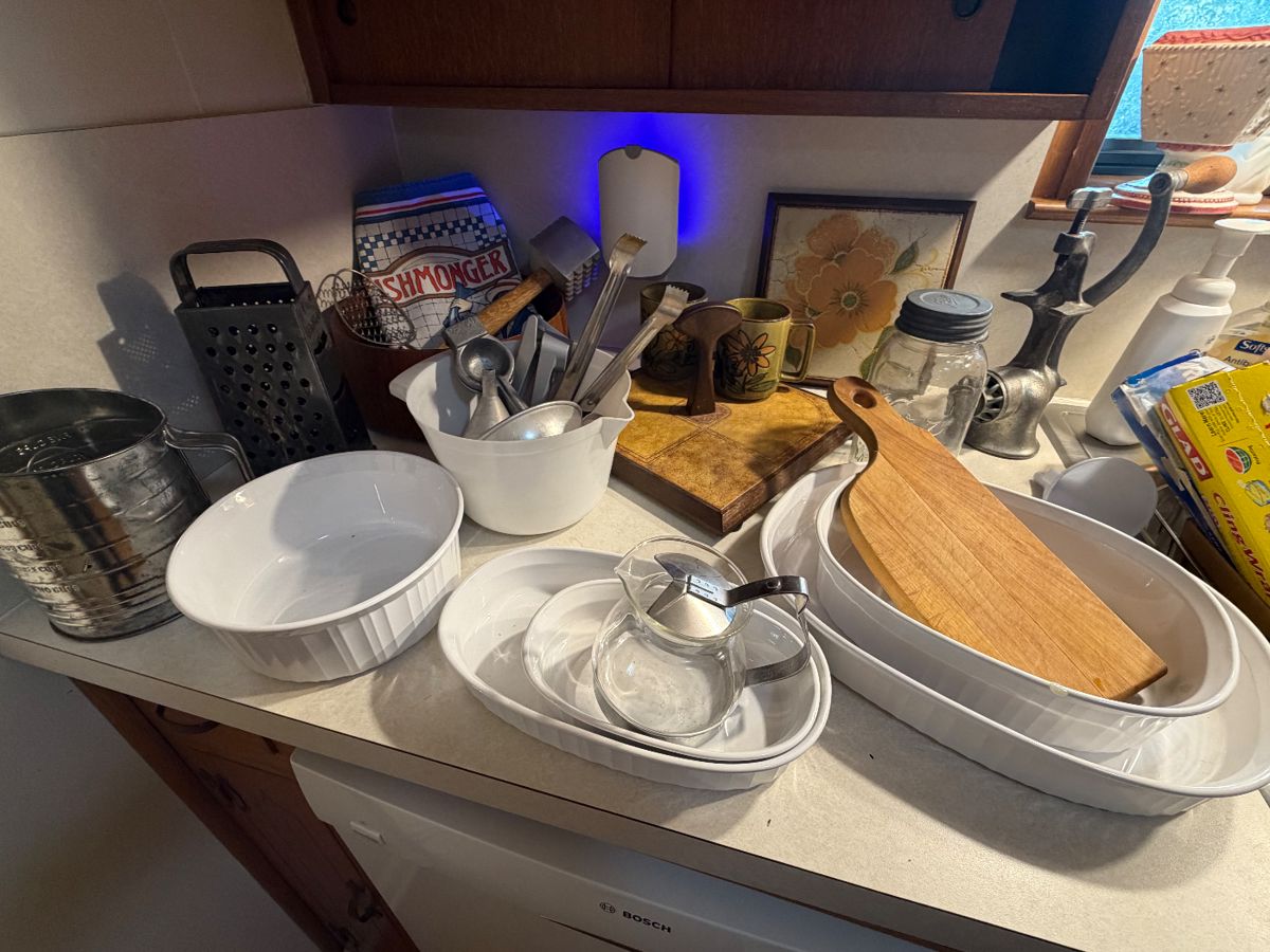 Corningware French White Casserole Dishes, vintage meat grinder, glass teapot with metal handle and infuser