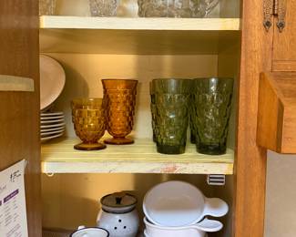 Amber Gold Indiana Whitehall Colony Flair Goblets, Imperial Glass-Ohio Provincial Green Tumblers, Fostoria American Cubed Pattern Glass Pitcher and matching goblets 