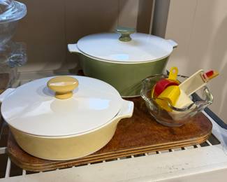 Pair of 1960's Corningware buffet serving pieces in vintage yellow and green