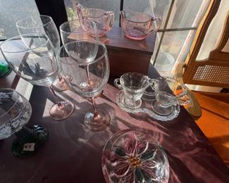 Savoir Vivre Art Glass Poinsettia Flower Candy Dish, Fostoria Pressed Glass Creamer and Sugar Set. Jeanette Glass pink depression glass creamer and sugar set, Luminarc wine glasses
