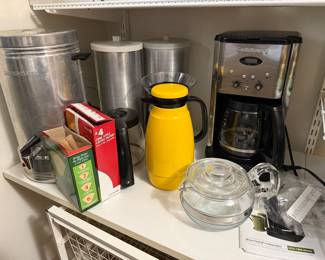 Vintage Yellow Crown Corning Thermique insulated coffee carafe, Pyrex Flameware glass teapot, Large Coffee Perculator