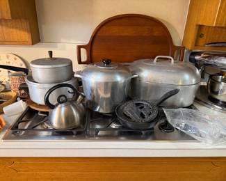 Wagner Ware Sidney O Magnalite Pieces:  Roaster Dutch Oven, 8 Quart Stock Pot with a lid, cast iron skillet