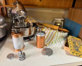 Vintage "Deco-riter" Pastry Pen in Vintage Box, Mirro Cookie Presses in Copper Finish,  Sunburst Countertop Blender in Chrome finish with custom made cover