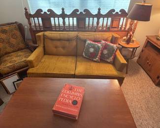 Vintage gold velvet tufted sofa, King headboard, Vintage Colombia Encyclopedia