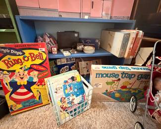 Vintage Child Board Games from the 1950s with all pieces in boxes: Mouse Trap, Ring-O-Bell, Bridge for Juniors, Monopoly