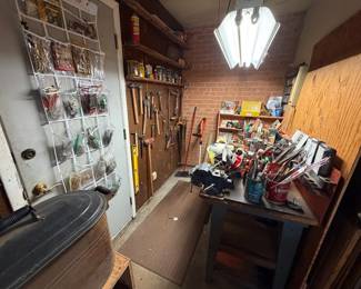 Variety of hand tools, misc nails, screws, etc