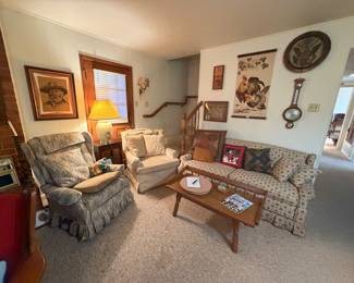 Hiroshi Honda Le Coq canvas wall hanging, Ethan Allen Baumritter Heirloom Maple Cobblers Bench Coffee Table, vintage sleeper sofa, Banjo wall weather station