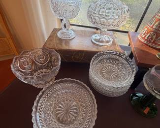 Anchor Hawking Wexford pressed glassware, Pressed Glass in argus/thumbprint pattern, Hofbauer crystal candy dish, Crystal Clear Monica Pinwheel crystal footed bowl