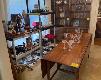 Beautiful drop leaf dining table, Tiffin stemware