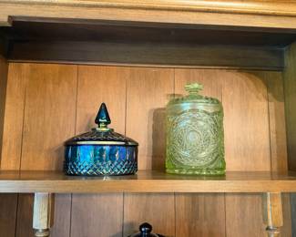 Imperial Glass Hobstar biscuit jar, Indiana Glass Princess pattern blue carnival glass candy dish 