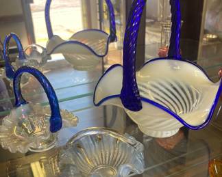 Fenton 1980’s Swirl Basket with Blue Trim and Handle