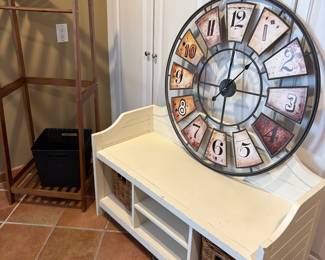 Mudroom Storage bench, wood clothing rack, wall clock