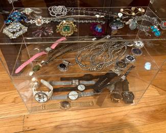 Men’s Watches by Nixon and Bergmann, women’s dinner Watches and Coach, Anne Klein watches,  Sterling silver, and semi-precious bracelets, necklaces, and pins