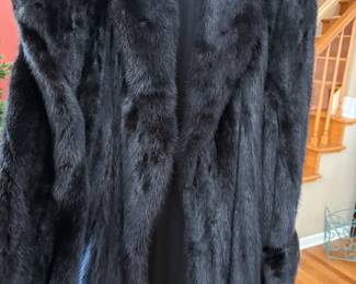 Black long mink coat with rolled collar and cuffs - size M-L
