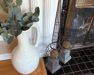 large ceramic pitcher with faux eucalyptus, vintage wire and stone decor set (2)