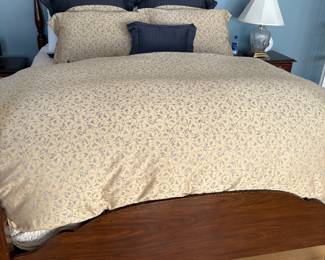 Queen bed with spindle posts, mattress and Scandia Down comforter and shams