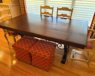 Trestle plank dining table w extension leaves with 2 armchairs, 2 side chairs and 2 dining stools