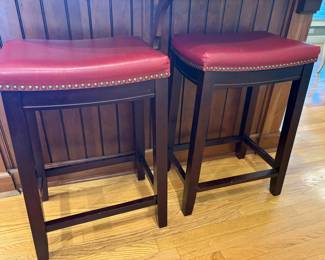 Counter-height stools with red leather top and nailhead details - 2 available