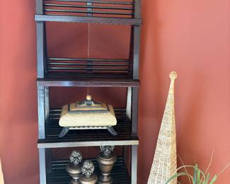 Ladder bookcase, pillar holders, footed box and decor
