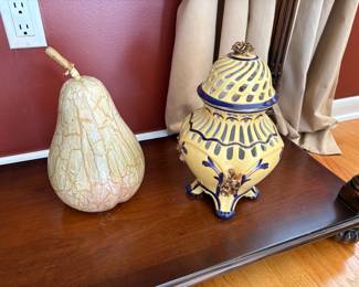 Ceramic urn and large wood fruit 