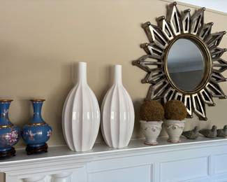 Starburst mirror, white ceramic vases, cloisonne vases, ceramic vases and birds