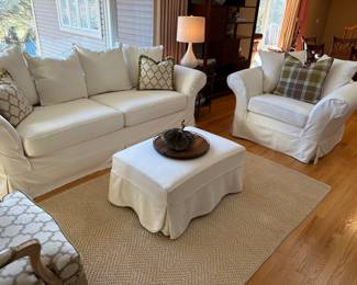 Pottery Barn couch, armchair and ottoman - white, area rug - sisal and decor