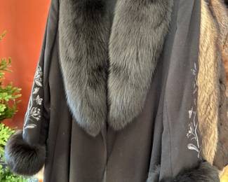 St. John extra-long black wool/cashmere coat with fur trim on shawl collar and cuffs - size L