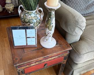 side table with drawer - cottage distressed, with Italian vase, pillar candle holder and Pottery Barn silver-plated frame - new