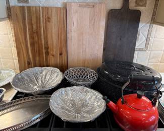 Wood boards - great for charcuterie, armetale pewter bowls, tea pot, and tray