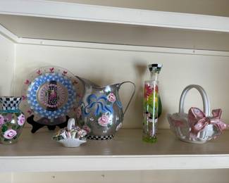 Mackenzie-Childs hand-painted glassware:  vases, plate and pitcher and ceramic baskets