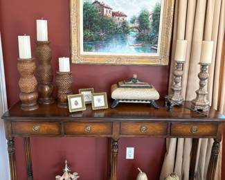 Console table with 4 drawers from the Design Center, Acrylic framed artwork, and decor