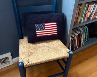 ladder-back desk chair with rush seat and accent pillow