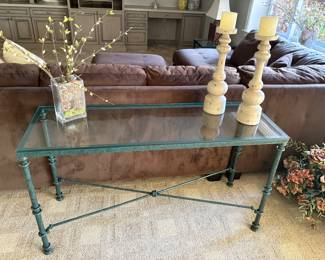 Metal console table with glass - matching side table also available, shown with vase and candle holders