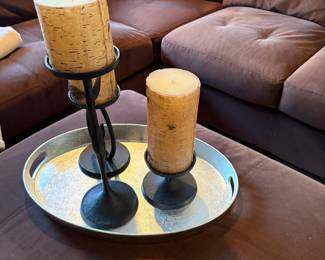 metal pillar holders with birch candles on tray