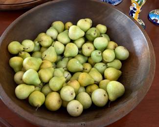 large wooden bowl and faux apples