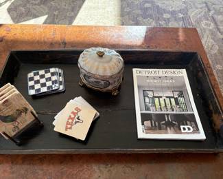 Rustic trays, footed jewelry dish, and coasters