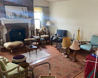 Cosco gatefold chairs, mid century French ottoman, West Elm mid century modern chair, Stiffel floor lamp 