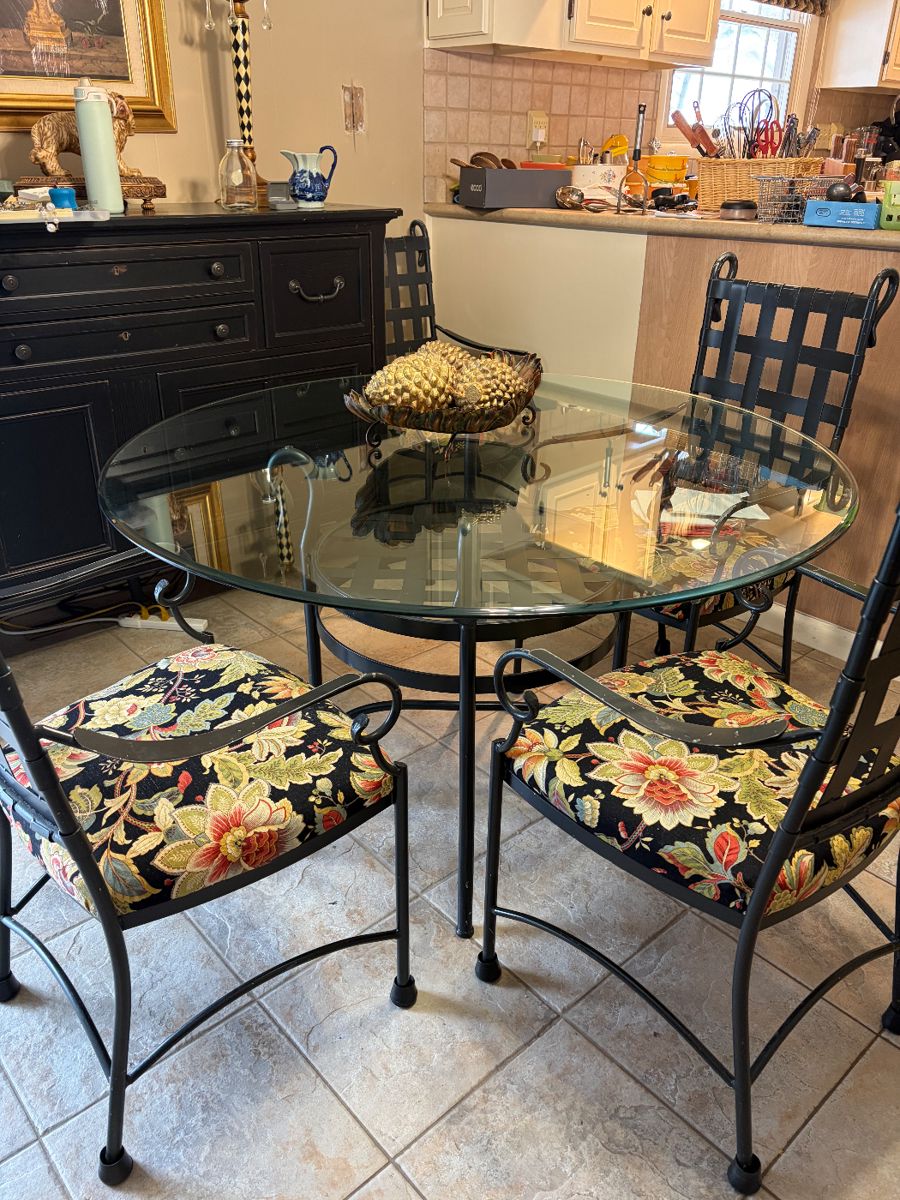 Glass and Iron Table and Chairs