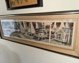 Framed Watercolor Signed ? w/ harbor + Sailboats