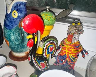 Galo de Barcelos (Rooster of Barcelos) Portugal, Sigma Majolica gurgling koi pitcher and Ndebele dolls