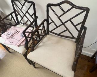 Pair Black faux bamboo Chippendale style armchairs