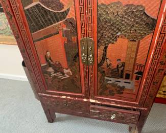 more Chinoiserie red lacquered Chest with drawers on base, some wear and needs a little love, sticker says Laird Norton Co