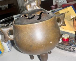 Antique Chinese bronze incense burner with Foo Dog on top
