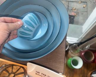 Catherineholm Norway Teal Lotus Enamel, 2nd smallest bowl has wear otherwise gorgeous