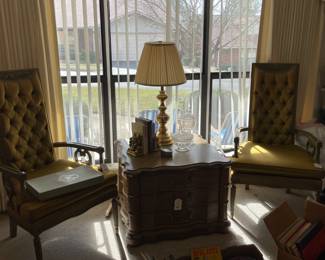 Olive Green Tall Back Armchairs, Drexel End Table