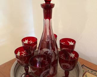 Ruby cut to clear decanter and cordials
