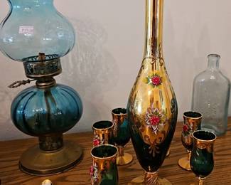 Bohemian Decanter w/six cordials gold encrusted