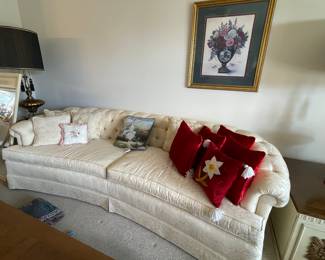7' cream tufted rolled arm sofa