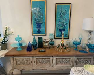 6' French Provincial Sideboard Antiqued cream/green base with stained wood top.  NOTE:  BLUE TILE WALL HANGINGS ARE NOT FOR SALE.